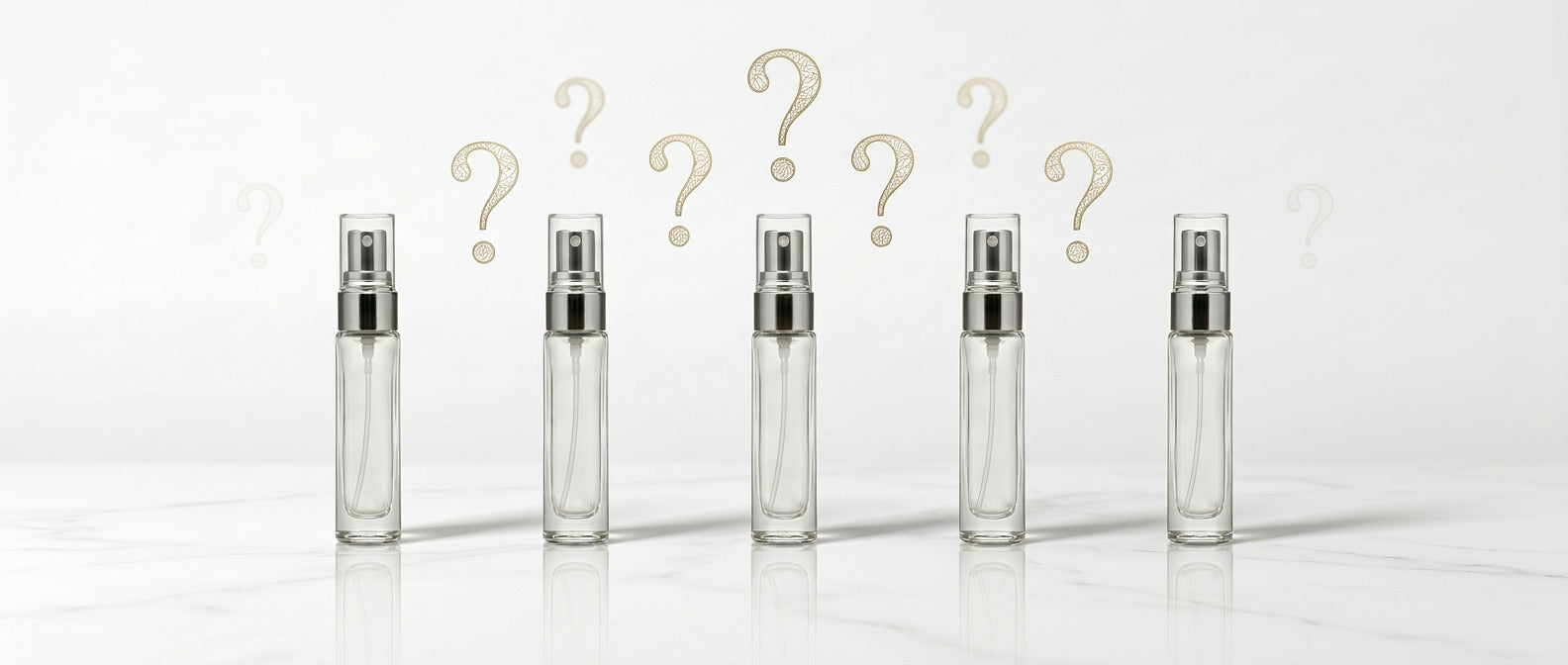 Five transparent perfume bottles with silver caps on a white background, accompanied by question marks.